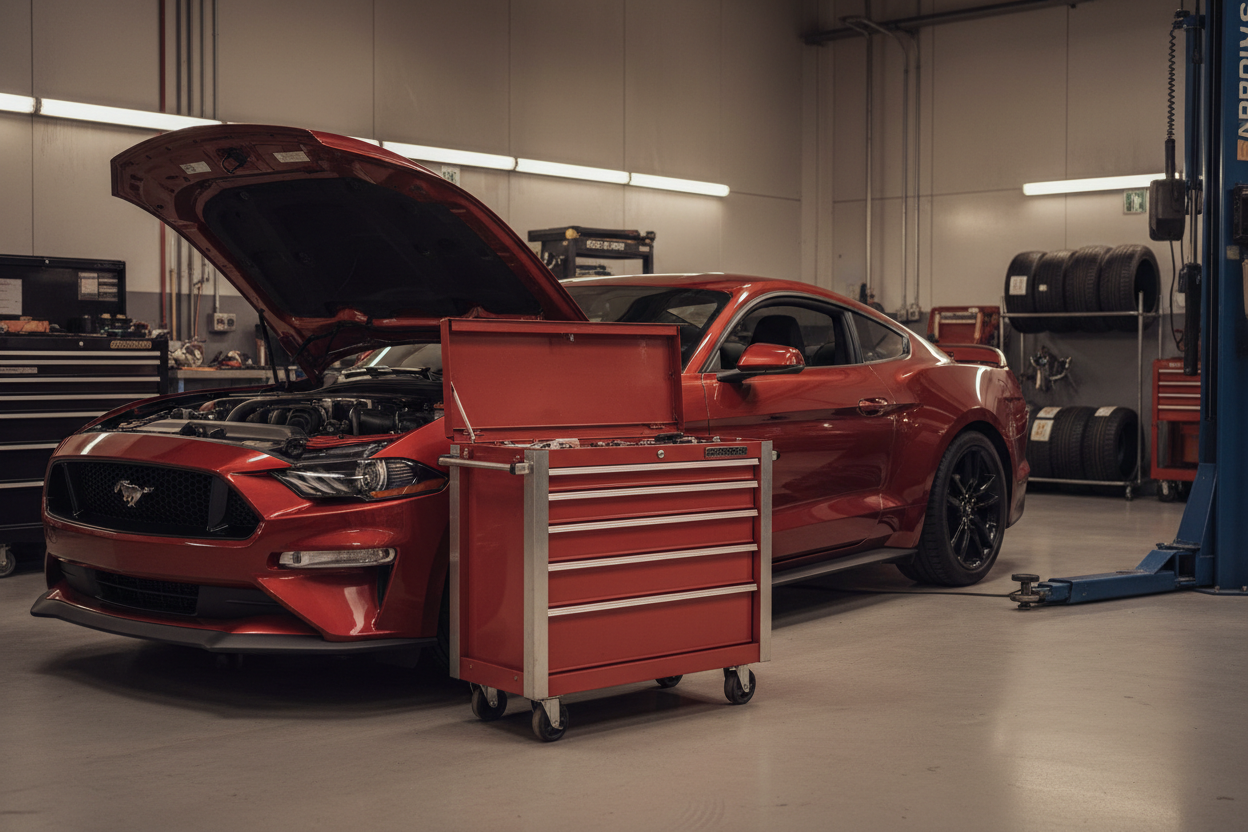 Red car with open hood in a garage setting, featuring a red toolbox in the foreground.