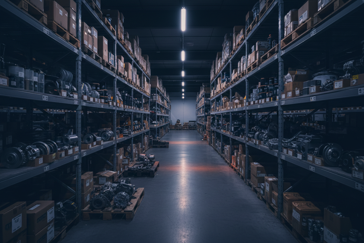 Warehouse interior with shelves stocked with boxes and equipment