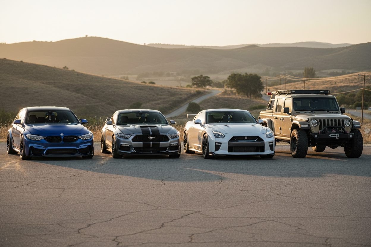 Four cars parked on a desert road with mountains in the background
