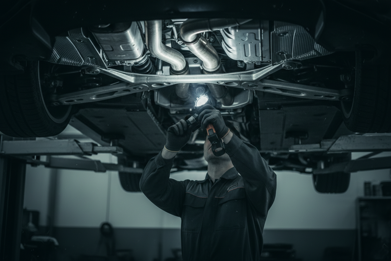 Mechanic working on a car underneath it with a flashlight in a garage.